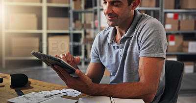 Buy stock photo Online order, smile and supply chain with man in distribution center for schedule or update. Boxes, checklist and logistics with happy employee in office for delivery, ecommerce or shipping manifest