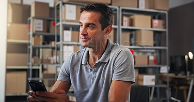 Buy stock photo Logistics, phone and supply chain with man in warehouse for communication or update. Boxes, courier service and distribution with employee in post office depot for delivery, ecommerce or shipping