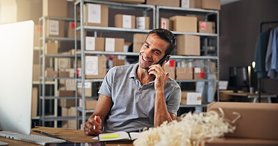 Buy stock photo Computer, logistics and phone call with man in warehouse for communication or update. Boxes, conversation and supply chain schedule with employee in distribution depot for delivery or shipping