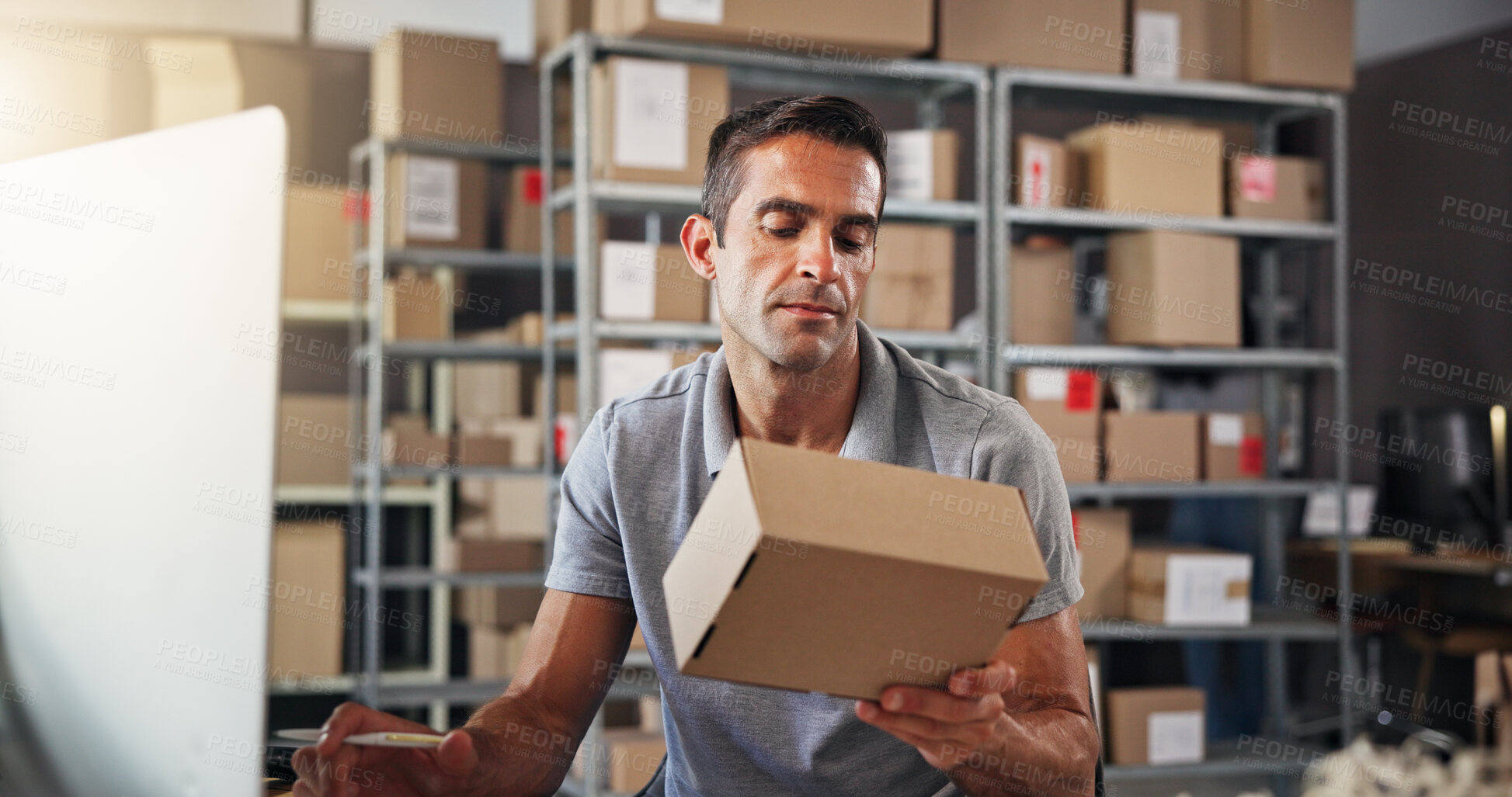 Buy stock photo Box, inspection and logistics with man in warehouse for export or import order. Checking, supply chain and quality control with employee in distribution office for delivery, ecommerce or shipping