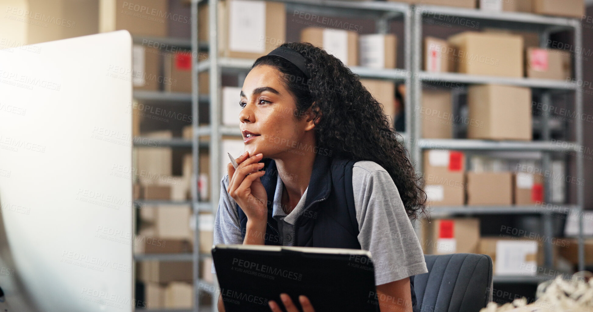 Buy stock photo Logistics, woman and tablet with computer for inventory, checking stock or thinking for research. Office, business person and supply chain manager with tech to monitor distribution, order or delivery