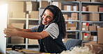 Phone call, warehouse and woman on computer for shipping, delivery and distribution business. Ecommerce, supply chain and person with boxes talking for logistics, manufacturing and courier services