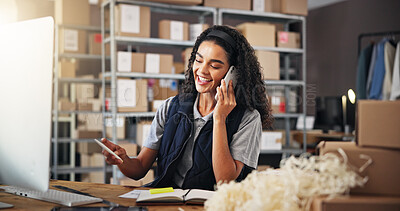 Buy stock photo Supply chain, distribution and woman with phone call for delivery, logistics and inventory for ecommerce. Courier, warehouse and employee texting distributor for planning, shipping or supplier stock