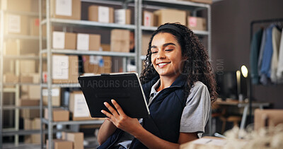 Buy stock photo Supply chain, shipping and woman with tablet for delivery, logistics and inventory for ecommerce. Courier, warehouse and distribution with factory checklist for planning, order or supplier stock