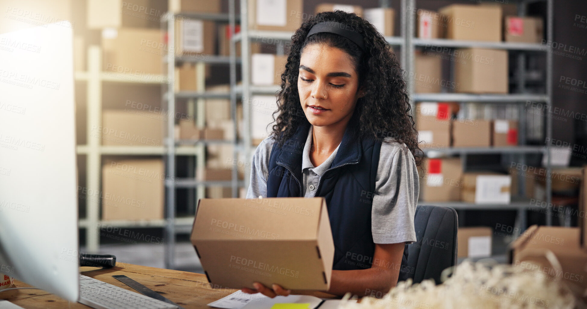 Buy stock photo Woman, check and box in warehouse for distribution of inventory management, online order and stock. Person, computer and package of supply chain, quality assurance and label with shipping information