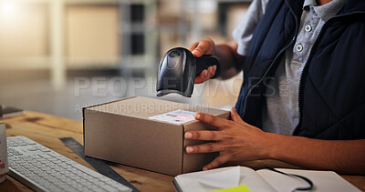 Buy stock photo Supply chain, box and woman with scanner for delivery sticker, logistics and inventory for ecommerce. Courier hands, warehouse and employee with distributor for planning, shipping or supplier stock