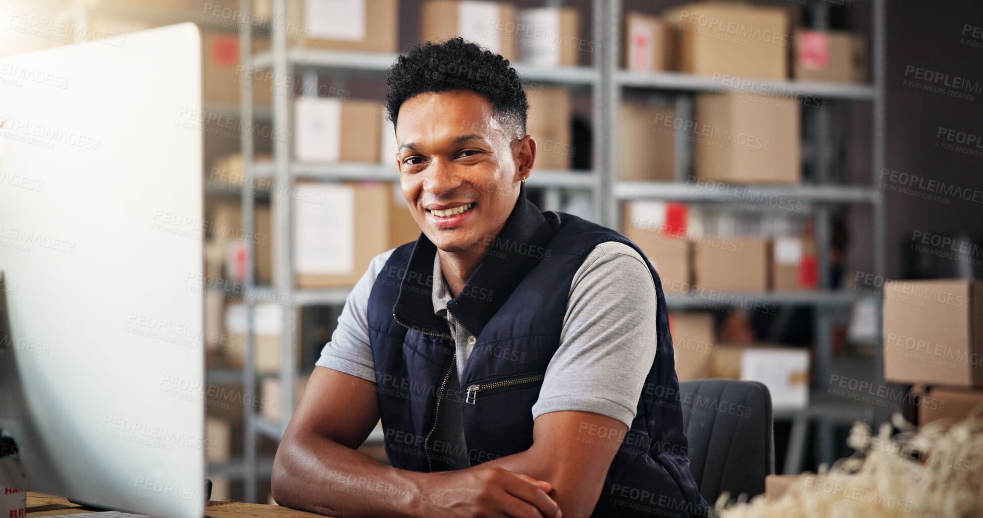 Buy stock photo Logistics, distribution and man in portrait by computer for online inventory, courier service or supply chain. Arms crossed, worker and happy in warehouse for ecommerce, delivery tracking or dispatch