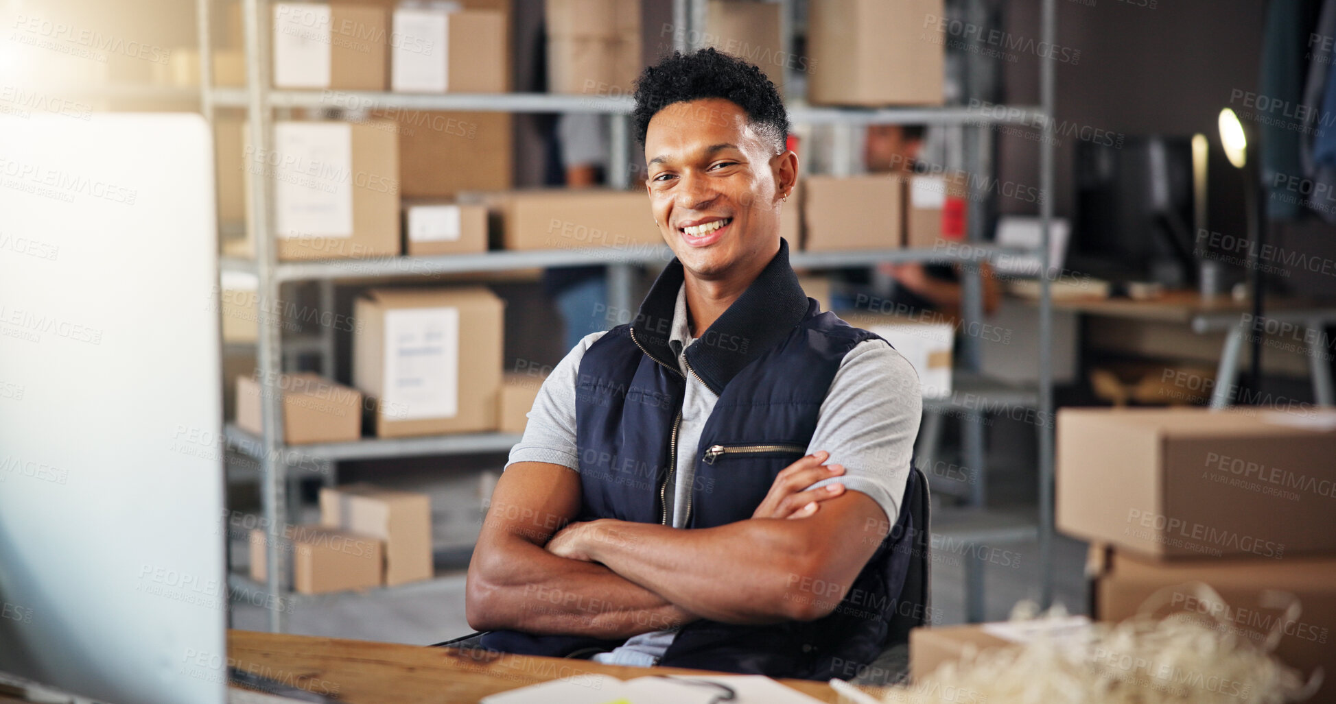 Buy stock photo Ecommerce, man and arms crossed with computer in warehouse for stock management and courier service. Logistics, supply chain and worker portrait for inventory update, delivery tracking and shipping
