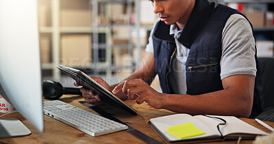 Buy stock photo Inventory, man and tablet with computer for logistics, checking stock and reading for research. Office, business person and supply chain manager with tech to monitor distribution, order and delivery