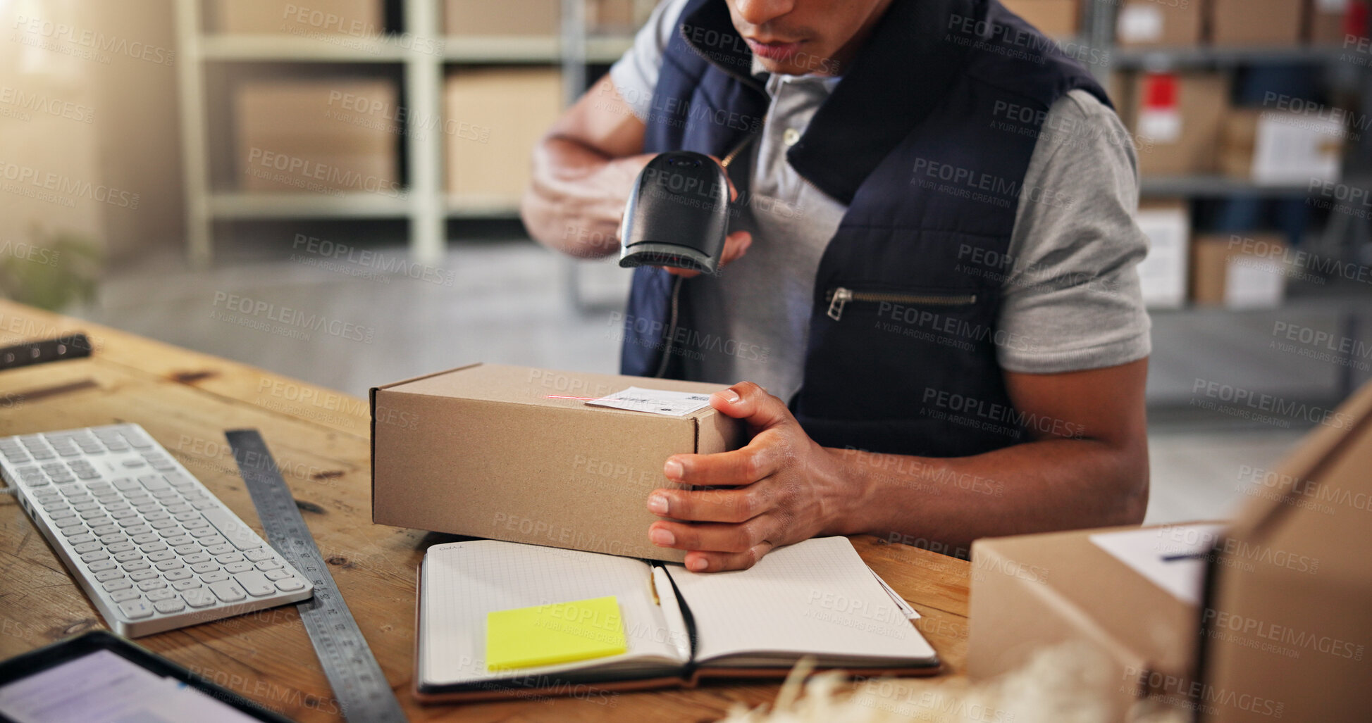 Buy stock photo Hands, man and scanner with box for distribution of inventory management, order barcode and stock. Person, machine and package for reading pricing, quality assurance and label of shipping information