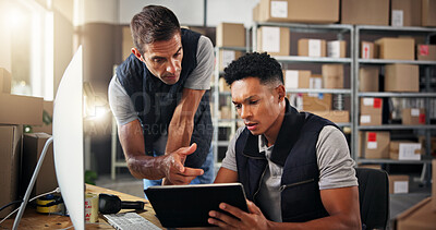 Buy stock photo Men, explain and tablet for warehouse distribution of inventory management, online order and stock. People, computer and advice of supply chain, quality control and information with delivery schedule