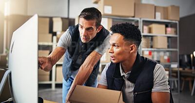 Buy stock photo People, check and computer with box for distribution of inventory management, online order and stock. Men, package and feedback for supply chain, quality control and information for delivery schedule