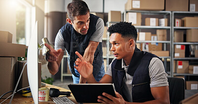 Buy stock photo Logistics, men and computer with tablet for discussion, checking stock and inventory research. Teamwork, people and supply chain manager with tech to monitor distribution, order or business in office