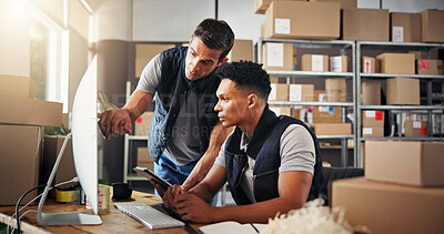Buy stock photo Logistics, men and computer with tablet for talking, checking stock and inventory research. Teamwork, people and supply chain manager with digital to monitor distribution, point or business in office