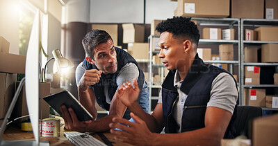 Buy stock photo Logistics, people and computer with tablet for discussion, checking stock and inventory research. Team, men and supply chain manager with feedback to monitor distribution, order or business in office