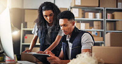 Buy stock photo Logistics, business people and teamwork with tablet for talking, check stock or inventory research. Collaboration, man or woman with tech to monitor distribution, supply chain or discussion in office