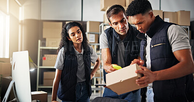 Buy stock photo Warehouse, people and box for discussion, shipping and production issue for logistics or quality control. Group, collaboration and distribution label for factory tracking, supply chain or industry
