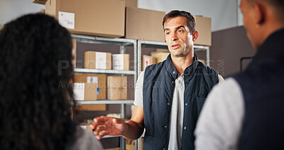 Buy stock photo Warehouse, people and meeting for courier, shipping and production with logistics and quality control. Group, collaboration and distribution trade for factory, supply chain or industry service