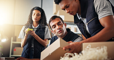 Buy stock photo Warehouse, people and box for teamwork, shipping and production with logistics notes and quality control. Group, collaboration and distribution trade for factory, supply chain or industry service