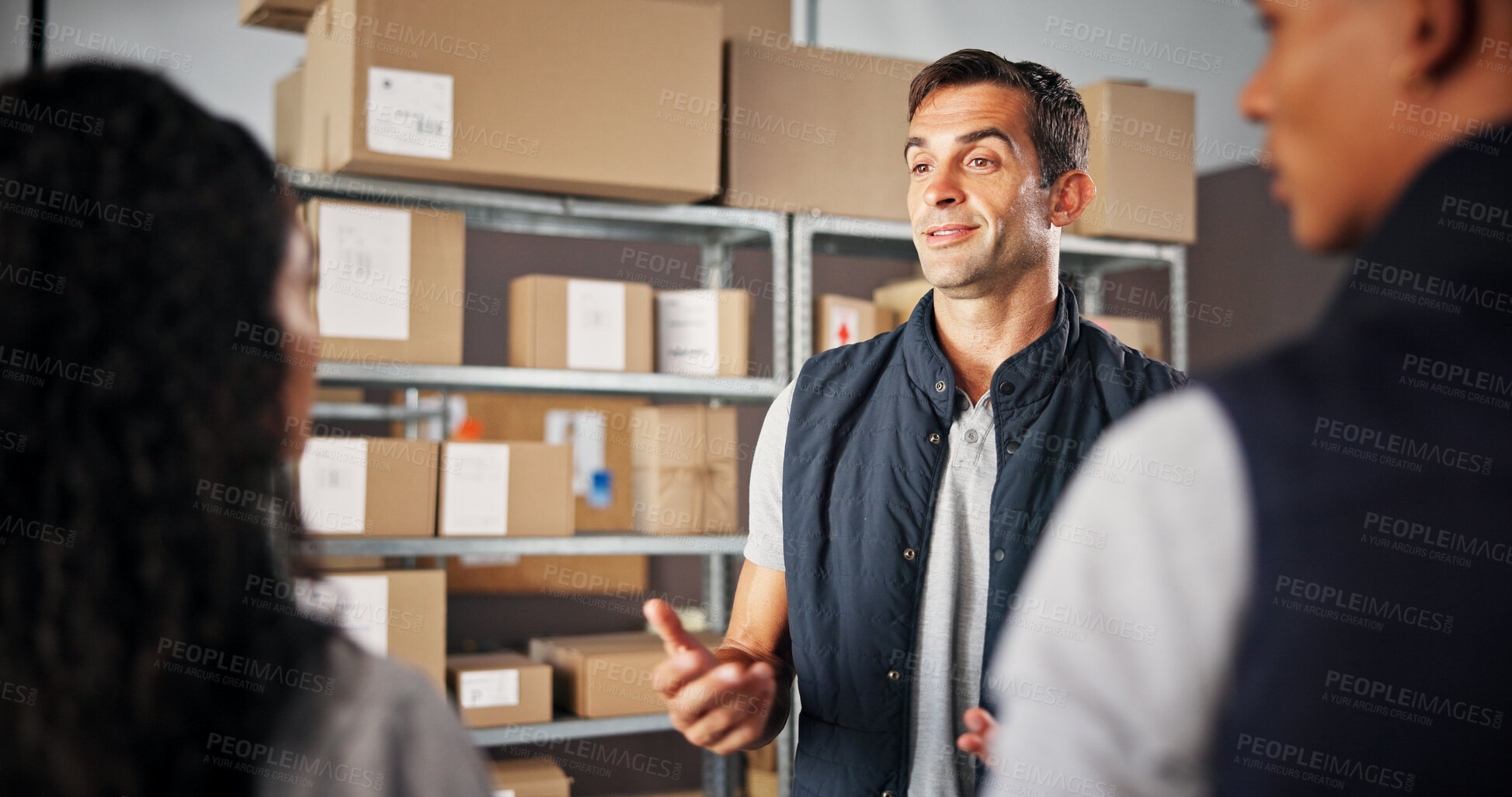Buy stock photo Supply chain, people and meeting for logistics, shipping and production with delivery notes and quality control. Group, collaboration and distribution trade for factory, warehouse or industry service