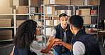 Warehouse, people and hands together for teamwork, celebration and production goals for logistics or shipping. Group, collaboration and distribution trade or job for factory, supply chain or industry