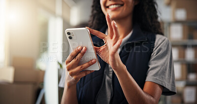 Buy stock photo Woman, hands and phone with supply chain for logistics, delivery and inventory for ecommerce. Courier, warehouse and employee texting distributor for planning, shipping or supplier stock distribution