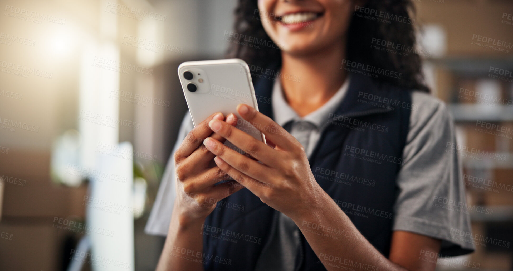 Buy stock photo Woman, hands and phone with supply chain for inventory, delivery and logistics for ecommerce. Courier, warehouse and employee texting distributor for planning, shipping or supplier stock distribution