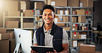 Logistics, distribution and man in portrait with tablet for online order, courier service and package tracking. Ecommerce, worker and happy in warehouse for stock update, supply chain and shipping