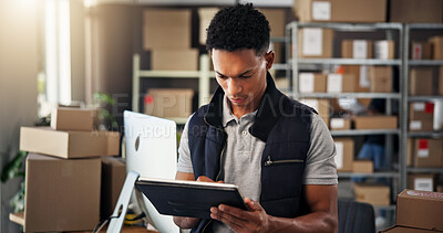 Buy stock photo Logistics, distribution and man with tablet in warehouse for online order, stock inspection or supply chain. Ecommerce, worker or digital checklist for inventory update, delivery tracking or shipping