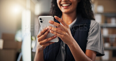 Buy stock photo Woman, hands and phone with shipping for delivery, logistics and inventory for ecommerce. Courier, warehouse and employee texting distributor for planning, supply chain or supplier stock distribution