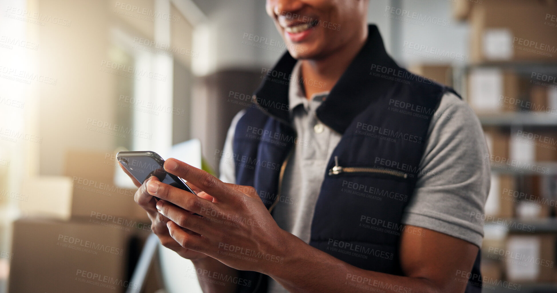 Buy stock photo Man, hands and phone for logistics, shipping and production with supply chain goals and courier. Quality control, texting and distribution trade for factory, warehouse or industry export service