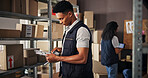 Warehouse, people and clipboard for checklist, quality control and production order for logistics or shipping. Group, collaboration and distribution trade or job for factory, supply chain or industry