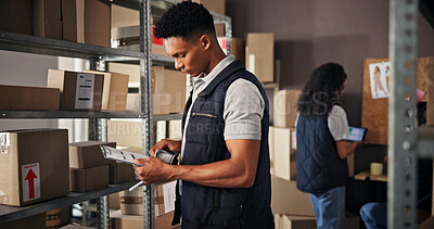 Buy stock photo Warehouse, people and clipboard for checklist, quality control and production order for logistics or shipping. Group, collaboration and distribution trade or job for factory, supply chain or industry