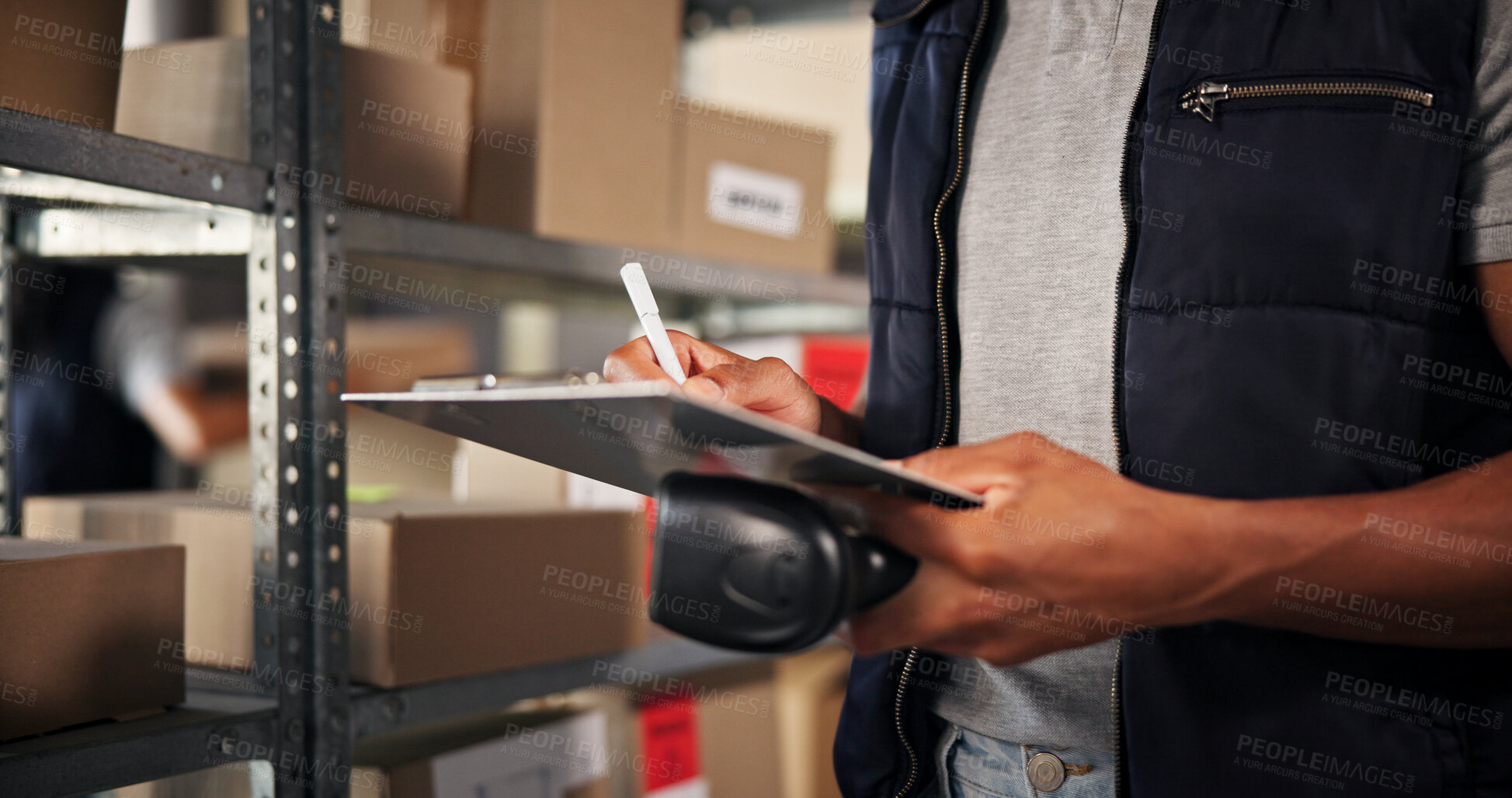 Buy stock photo Logistics, hands or writing on clipboard in warehouse for stock pricing, check product code or inspection. Supply chain, distribution or person with inventory scanner for cargo shipping and delivery