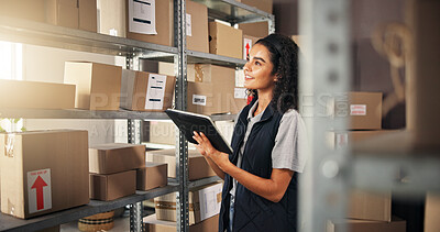Buy stock photo Logistics, woman and thinking with tablet for delivery, distribution and quality control for ecommerce. Small business, warehouse and employee inspection for planning, shipping or supplier stock