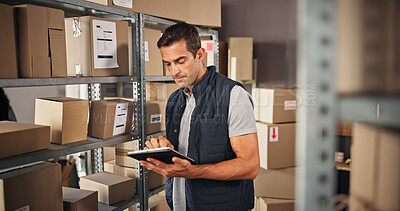 Buy stock photo Supply chain, man and checklist with tablet for delivery, distribution and quality control for ecommerce. Small business, warehouse and employee inspection for planning, shipping or supplier stock