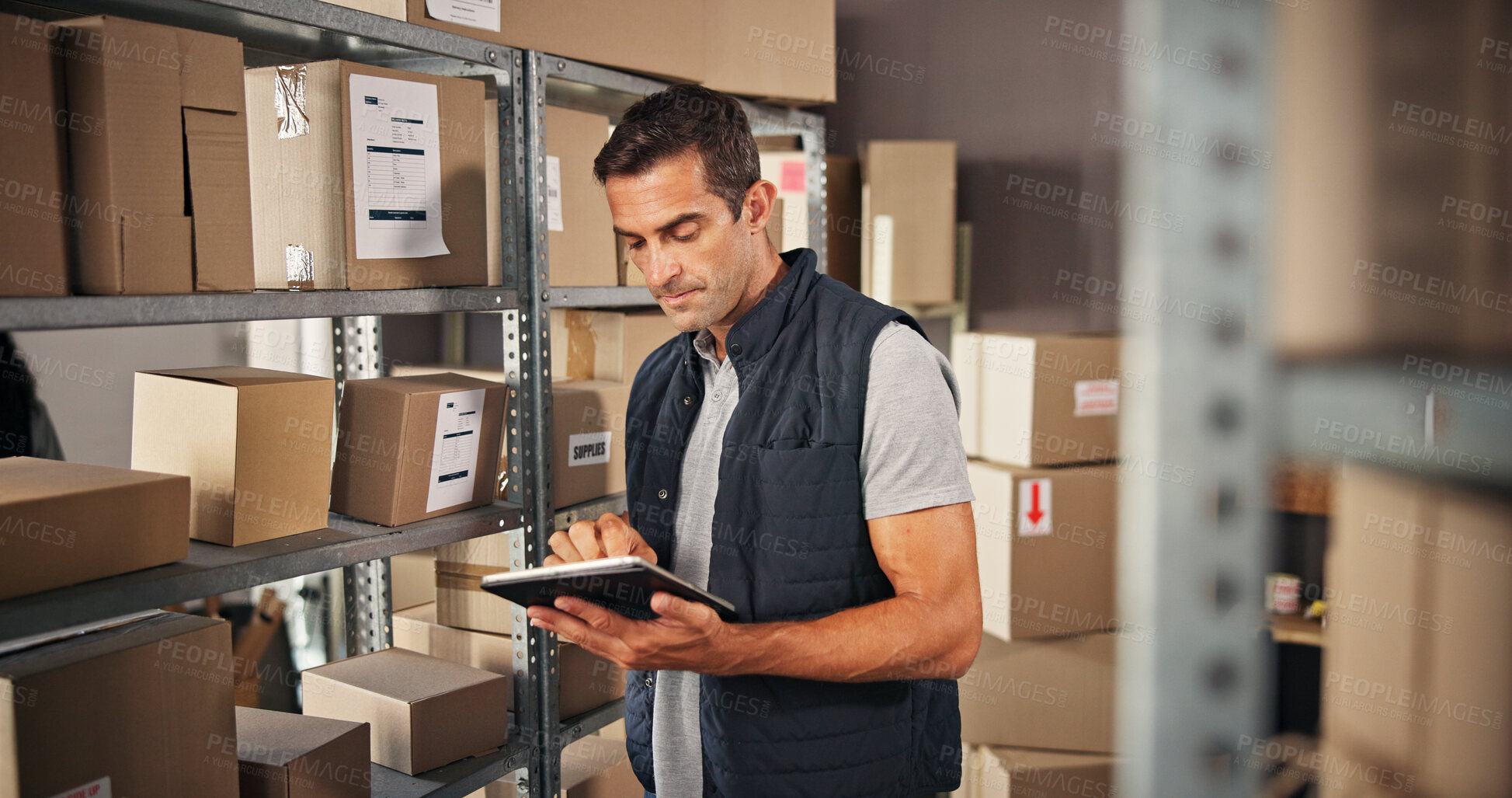 Buy stock photo Supply chain, man and checklist with tablet for delivery, distribution and quality control for ecommerce. Small business, warehouse and employee inspection for planning, shipping or supplier stock