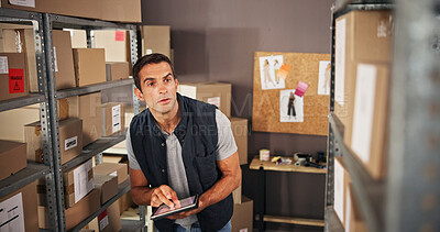 Buy stock photo Warehouse, man and tablet for checklist, quality control and production order for logistics or shipping. Courier, technology and distribution for trade or factory, supply chain and ecommerce industry