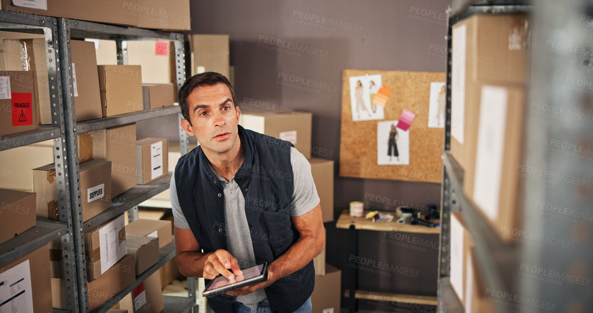 Buy stock photo Warehouse, man and tablet for checklist, quality control and production order for logistics or shipping. Courier, technology and distribution for trade or factory, supply chain and ecommerce industry