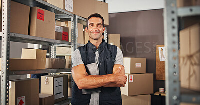 Buy stock photo Portrait, distribution and man with arms crossed, boxes and smile with confidence, supply chain or warehouse. Logistics, person or employee with pride, ecommerce or delivery with storage or inventory