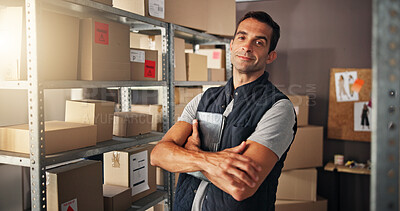 Buy stock photo Portrait, storage and man with arms crossed, boxes and supply chain with confidence, ecommerce and warehouse. Logistics, person and employee with pride, distribution center or delivery with inventory
