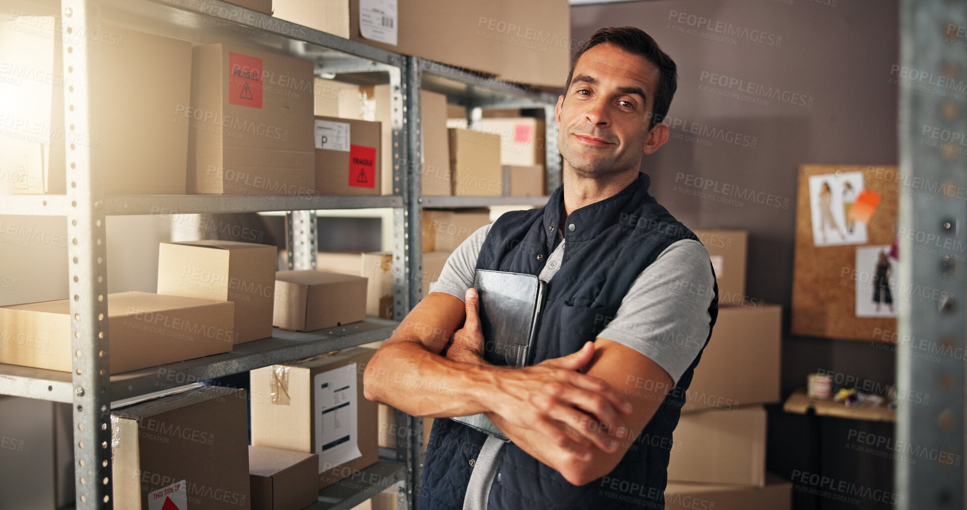 Buy stock photo Portrait, storage and man with arms crossed, boxes and supply chain with confidence, ecommerce and warehouse. Logistics, person and employee with pride, distribution center or delivery with inventory