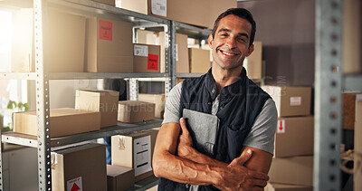 Buy stock photo Portrait, inventory and man with arms crossed, boxes and smile with supply chain, ecommerce and warehouse. Logistics, person and employee with storage, distribution center and delivery with tablet