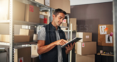 Buy stock photo Supply chain, man and smile with tablet for delivery, distribution and quality control for ecommerce. Small business, warehouse and employee inspection for planning, shipping or supplier stock