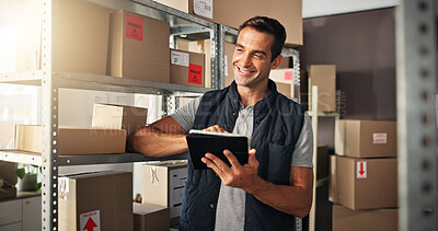 Buy stock photo Supply chain, man and smile with tablet for delivery success, distribution or quality control for ecommerce. Small business, warehouse and employee inspection for planning, shipping or supplier stock