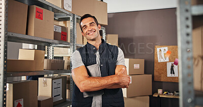 Buy stock photo Portrait, boxes and man in warehouse, arms crossed and smile with confidence, ecommerce and supply chain. Happy, person and employee with pride, distribution center and delivery with freight service