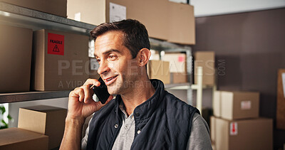 Buy stock photo Phone call, warehouse and man with boxes for shipping, delivery and distribution business. Ecommerce, supply chain and person with packages talking for logistics, manufacturing and courier services