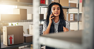 Buy stock photo Woman, planning and phone call with supply chain for inventory, delivery and logistics for ecommerce. Courier, warehouse and employee with distributor for export, shipping or supplier stock order