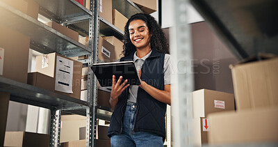 Buy stock photo Smile, woman and online order with tablet for delivery, distribution or quality control for ecommerce. Small business, warehouse and supply chain employee for planning, shipping or supplier stock