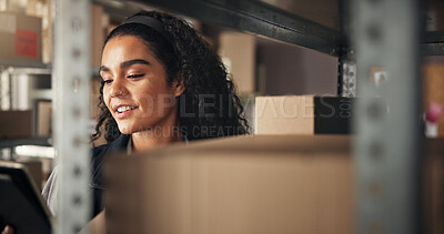 Buy stock photo Boxes, warehouse and woman on tablet for shipping, delivery and online distribution business. Ecommerce, supply chain and person on digital tech for logistics, manufacturing and courier services